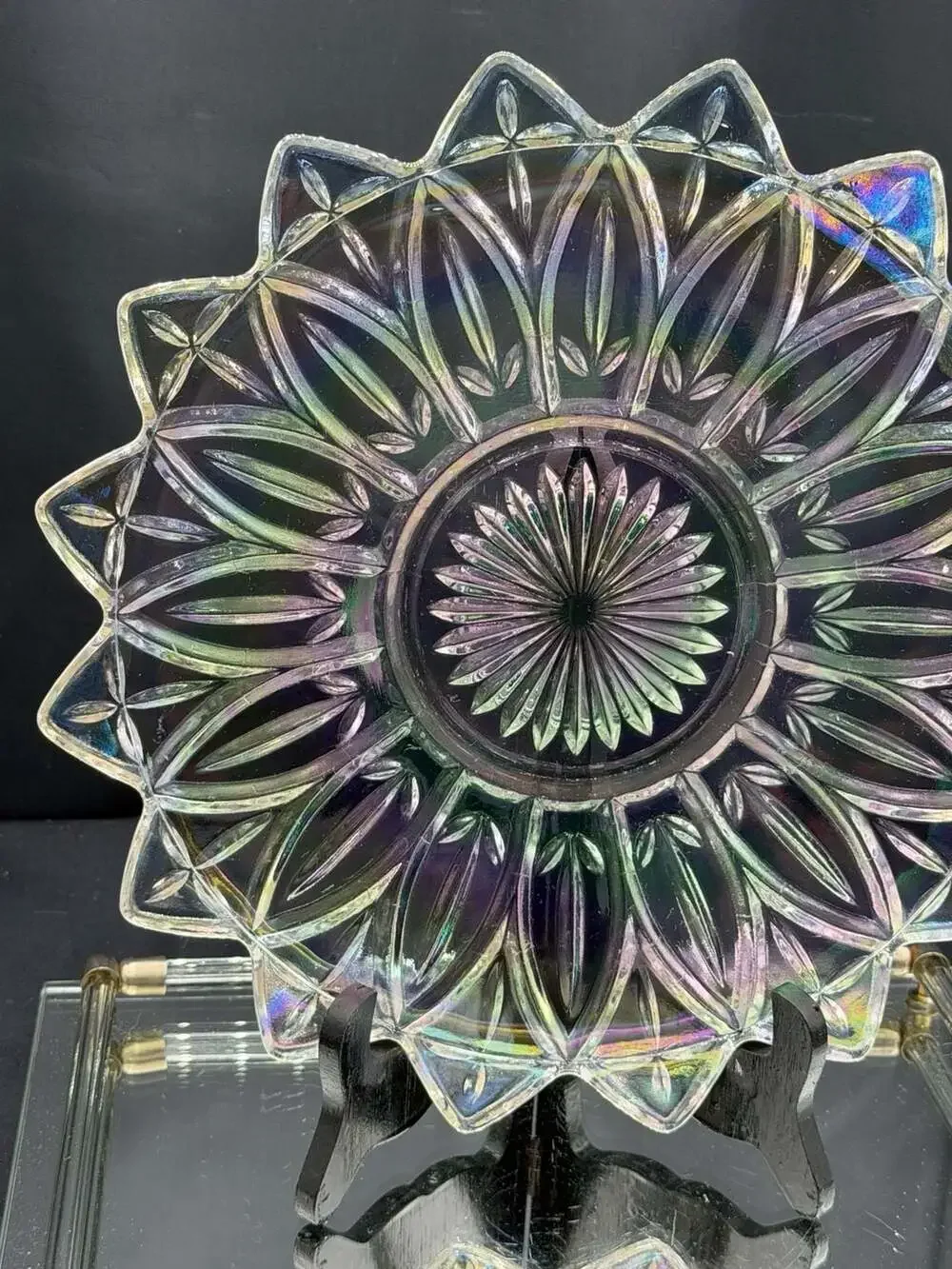 Vintage 1960s Federal Glass Petal Sunflower Pattern Iridescent Carnival Glass Se